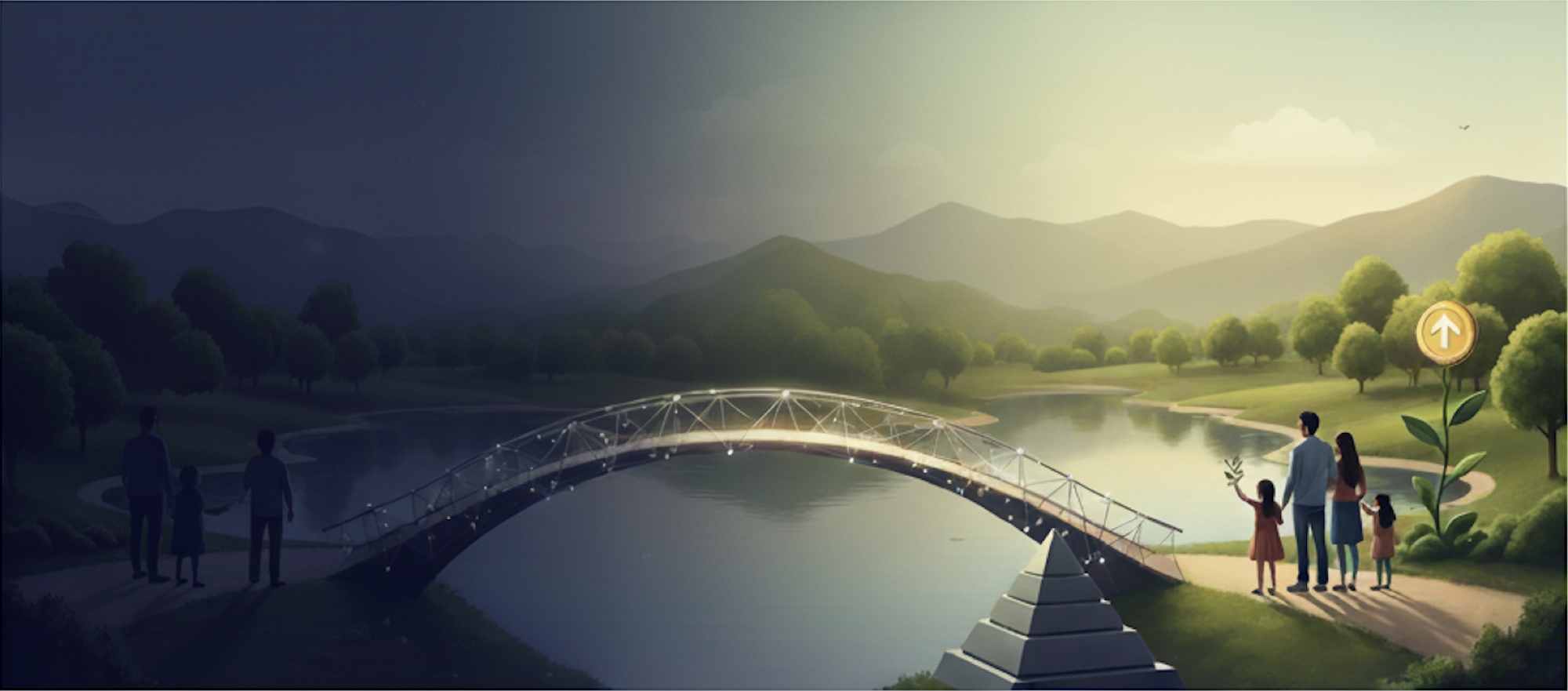 Families crossing a bridge of light toward financial freedom at sunrise